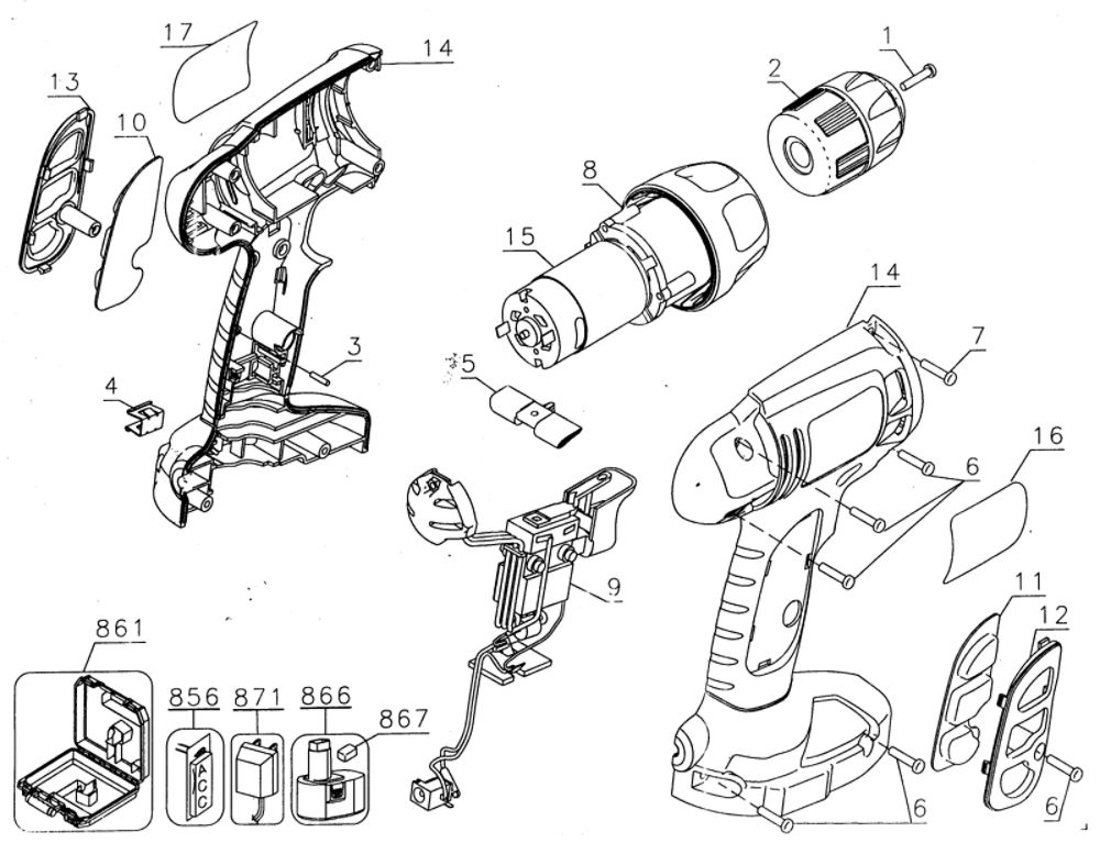 Housing Assembly Diagram and Parts List for CD120GKTY1  Black and Decker Drill